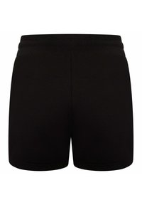Schwarze Baumwollshorts mit einem elastischen Bund, die ein einfaches Design und eine glatte Textur aufweisen, in mittellanger Schnittform bis zum Oberschenkel.