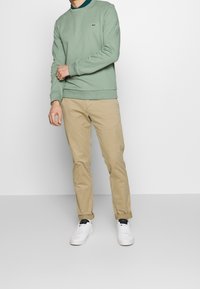 Felpa verde chiaro con polsini e orlo a costine, caratterizzata da un piccolo logo. Abbinata a pantaloni chino beige e sneakers bianche. Design minimalista.