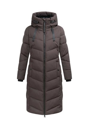 Langer dunkelbrauner gesteppter Wintermantel mit hohem Kragen, Kapuze, Frontreißverschluss, geknöpften Taschen und schwarzen verstellbaren Riemen am Kragen.