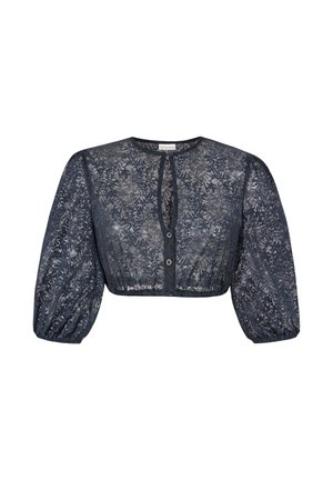 Sheer black lace cropped blouse with puffed three-quarter sleeves and front button closure.