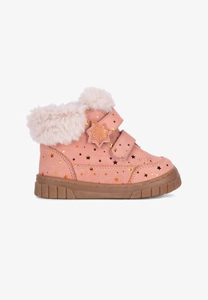 Pink toddler boot with brown sole, faux fur collar, star-shaped fastener, and gold star patterns.