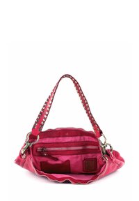 Pink fabric handbag with studded shoulder straps, scalloped edges, and zippered pockets inside. Features a smooth texture and metallic hardware.