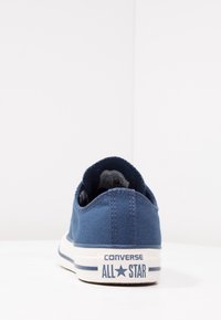 Basket toile marine à coupe basse, semelle en caoutchouc blanche, accents rayés bleu et blanc, et logo « Converse All Star » sur le talon.