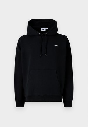 Black hoodie made of soft fabric with a kangaroo pocket, adjustable drawstring hood, and a small white logo on the chest.