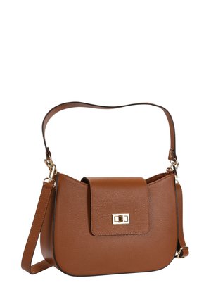 Braune strukturierte Leder-Umhängetasche mit Klappe und goldfarbenem rechteckigem Drehverschluss, verstellbarem Tragegurt und polierten Metalldetails.