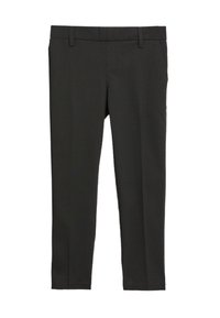 Zwarte slim-fit broek met riemlussen en zijzakken aan de voorkant, plat gelegd op een witte achtergrond.