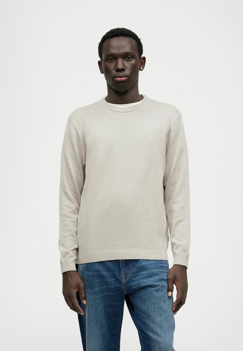 Maglione beige chiaro con maniche lunghe, scollo rotondo e orlo a costine, abbinato a jeans blu. Tessuto morbido, colore neutro, vestibilità casual.