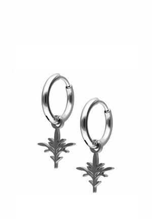 Pair of silver hoop earrings with dangling symmetrical leaf-shaped charms on a white background.