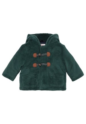 Piumino per bambino verde scuro con cappuccio, due tasche frontali e chiusure con bottoni a toggle con dettagli in pelle marrone.