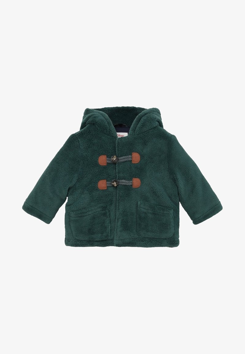 Manteau en polaire vert foncé pour tout-petit avec capuche, deux poches avant, et fermetures à boutons à bascule avec accents en cuir marron.