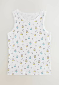 Weißes Baumwoll-Trägershirt mit einem verspielten Muster aus Cartoons von Tieren und Blumen in Pastellfarben, mit einem gewellten Ausschnitt.