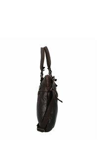 Borsa a mano in pelle marrone con una superficie liscia, doppi manici superiori e una tracolla regolabile. Presenta una chiusura con zip e tasche laterali.