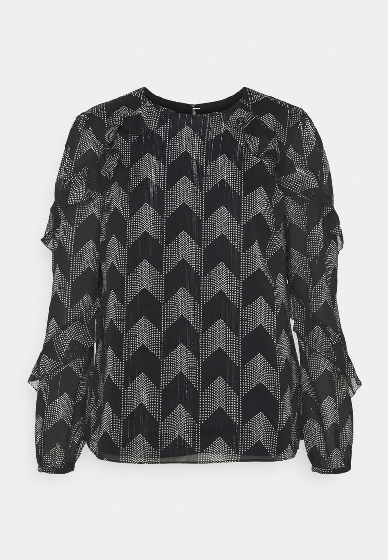 Schwarze Bluse mit einem Zickzackmuster aus weißen Punkten. Verfügt über Rüschendetails an den Ärmeln und einen runden Ausschnitt. Hergestellt aus leichtem, durchscheinendem Stoff.