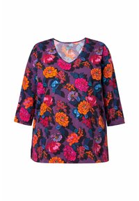 V-Ausschnitt Blumenoberteil mit Dreiviertelärmeln. Lila Hintergrund mit lebhaften Blumen in Pink, Orange und Blau. Weicher Stoff mit lockerer Passform.