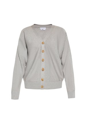 Grauer gerippter Cardigan mit V-Ausschnitt, der sieben Holzknöpfe auf der Vorderseite und einen lässigen Schnitt aufweist. Mit Bündchenärmel und elastischem Saum.