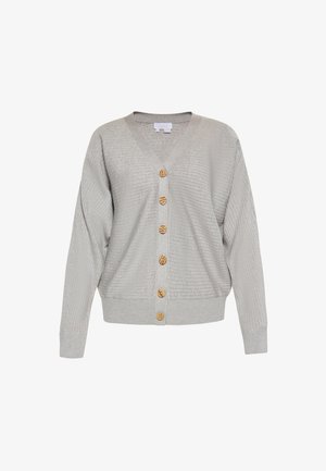 Szary kardigan w prążki z dekoltem w kształcie V, z siedmioma drewnianymi guzikami z przodu i luźnym krojem. Rękawy z mankietami i elastyczny dół.