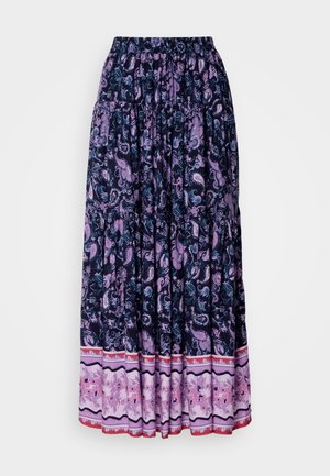 Maxikjole i marineblå med et detaljeret lilla paisley-mønster; elastisk talje og lagdelt kant med modsat blomsterstof forneden.