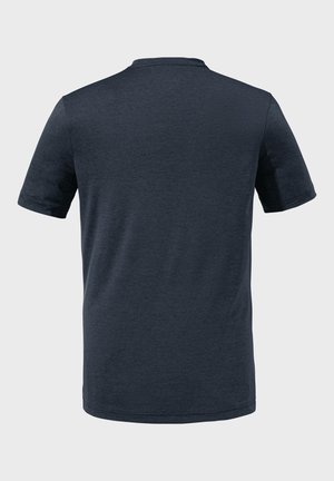 Marineblaue Kurzarm-T-Shirt aus weichem Baumwollmix. Verfügt über einen Rundhalsausschnitt und minimale Nähte, glatte Textur ohne sichtbare Muster.