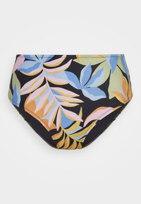 Parte de baixo de biquíni de cintura alta em tecido preto com padrões de folhas tropicais coloridas em tons de azul, rosa, verde e laranja. Bordas costuradas à máquina.