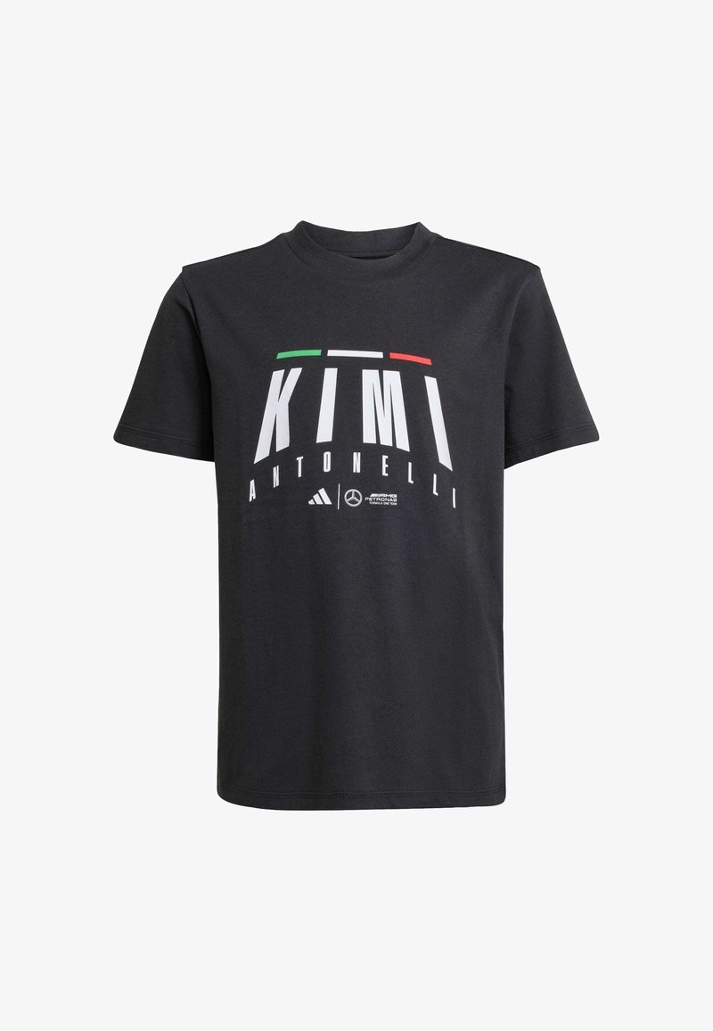 Čierne bavlnené tričko s výrazným bielym textom "KIMI ANTONELLI" s zelenými a červenými akcentmi, klasickým okrúhlym výstrihom a krátkymi rukávmi.