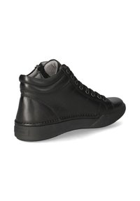 Baskets montantes en cuir noir avec un bout arrondi, lacets à l'avant, col cheville rembourré et semelle en caoutchouc texturée.
