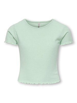 Crop top côtelé vert clair à manches courtes avec bord ondulé aux ourlets et aux manches, avec un col rond.