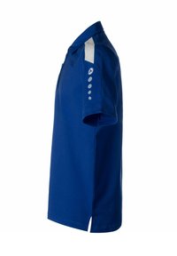 Kurzarm-Polohemd in Königsblau, mit Kragen, strukturiertem weißen Schulterpanel und fünf runden Akzentknöpfen am linken Ärmel.