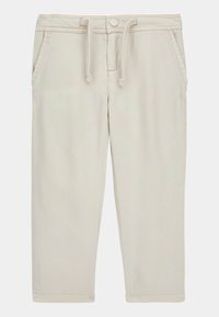 Pantaloni beige in misto cotone con vita elastica, chiusura con cordoncino e tasche laterali. Taglio dritto con texture liscia.