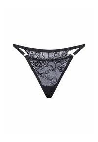 String en dentelle noire avec motif floral, doté de côtés fins et d'une ceinture lisse. Semi-transparent avec des détails complexes.