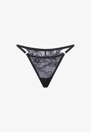 String en dentelle noire avec motif floral, doté de côtés fins et d'une ceinture lisse. Semi-transparent avec des détails complexes.