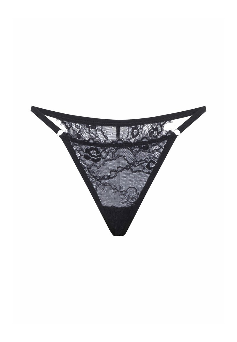 String en dentelle noire avec motif floral, doté de côtés fins et d'une ceinture lisse. Semi-transparent avec des détails complexes.