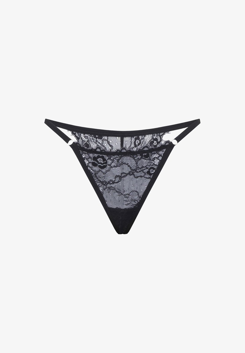 String en dentelle noire avec motif floral, doté de côtés fins et d'une ceinture lisse. Semi-transparent avec des détails complexes.