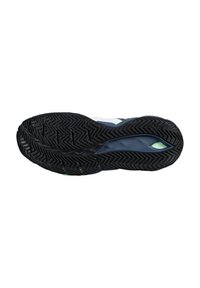 Sole in gomma nera con motivo a zigzag; intersuola morbida blu con ritaglio; parte superiore liscia in bianco con accenti di design sottili.