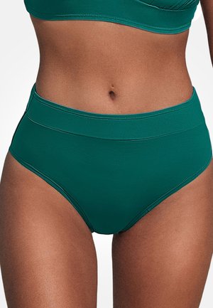 Bas de bikini taille haute en vert foncé uni, fabriqué dans un tissu lisse avec une légère brillance. Comprend une large ceinture et un design sans coutures.