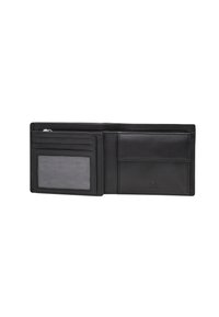 Cartera de cuero negra con múltiples ranuras para tarjetas, una ventana transparente para la identificación y un compartimento con cremallera para monedas. Textura suave, diseño simple.