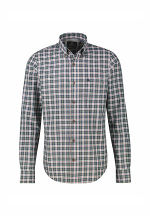 Zielona i biała koszula w kratę z długimi rękawami, kołnierzykiem zapinanym na guziki i małym logo na piersi. Zawiera akcenty z drewnianych guzików.