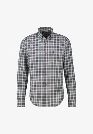 Zielona i biała koszula w kratę z długimi rękawami, kołnierzykiem zapinanym na guziki i małym logo na piersi. Zawiera akcenty z drewnianych guzików.