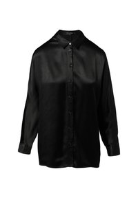 Black satin shirt with a collar, long sleeves, and buttoned front. Smooth texture and a loose-fit design.