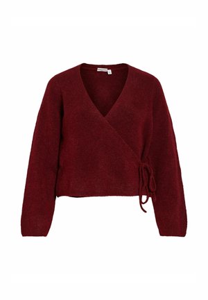 Vinröd omlotttröja i mjukt, strukturerat tyg med djup V-ringning och knytning i midjan, långärmad och med kortare design.