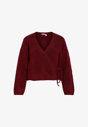 Vinröd omlotttröja i mjukt, strukturerat tyg med djup V-ringning och knytning i midjan, långärmad och med kortare design.