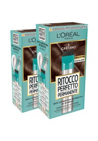 Due scatole turchesi di colore per capelli L'Oréal con informazioni dettagliate sul prodotto. Presentano un applicatore argento e un campione di capelli castani sulla confezione.