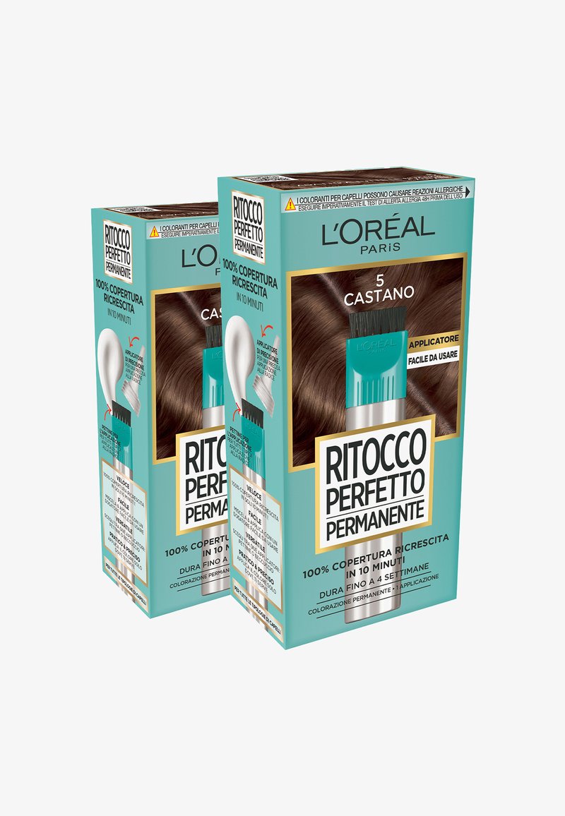 Due scatole turchesi di colore per capelli L'Oréal con informazioni dettagliate sul prodotto. Presentano un applicatore argento e un campione di capelli castani sulla confezione.