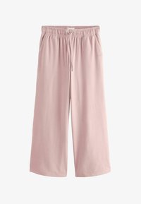 Pantalones de chándal de pierna ancha en rosa claro, con una cinturilla elástica y cordón de ajuste, y bolsillos laterales. Textura suave con un acabado liso.