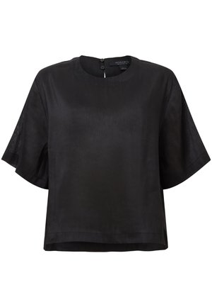 Schwarzes Kurzarmoberteil aus glattem Stoff mit einem Rundhalsausschnitt und zwei Knopfverschlüssen auf der Rückseite. Boxy, entspannte Passform.