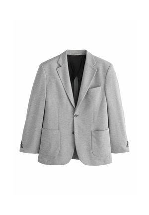 Hellgrauer einreihiger Blazer mit Kerbklappen, zwei aufgesetzten Fronttaschen, dreiknöpfigen Manschetten und schwarzem Innenfutter.