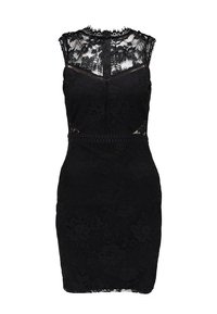 Robe en dentelle noire avec design sans manches, motif floral, encolure festonnée, silhouette ajustée et accents transparents aux épaules.