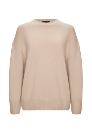 Beige neulottu villapaita, jossa on pyöreä kaula-aukko, pudotetut hartiat, ribattu hihansuu ja löysä istuvuus. Suora pinta ja minimaliset suunnitteluyksityiskohdat.
