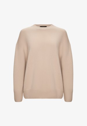 Beige gestrickter Pullover mit rundem Ausschnitt, fallenden Schultern, gerippten Bündchen und lockerer Passform. Glatte Textur und minimalistische Designdetails.