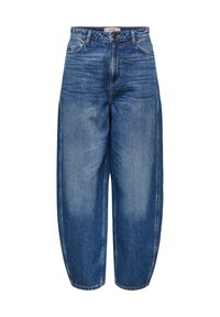 High-waisted, loose-fit blue denim jeans with a button and zipper closure, front pockets, and a slightly faded wash.