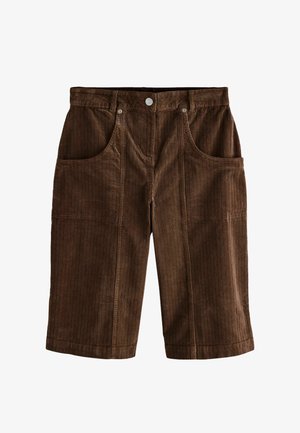 Pantaloni corti in corduroy marrone con un motivo a righe verticali testurizzato, due tasche frontali e chiusura a bottone in vita.